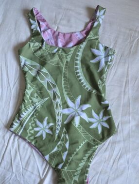 Green Floral One-Piece Swimsuit with Pink Lining